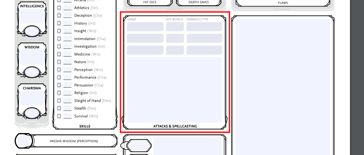 Attacks & Spellcasting in dnd character sheet