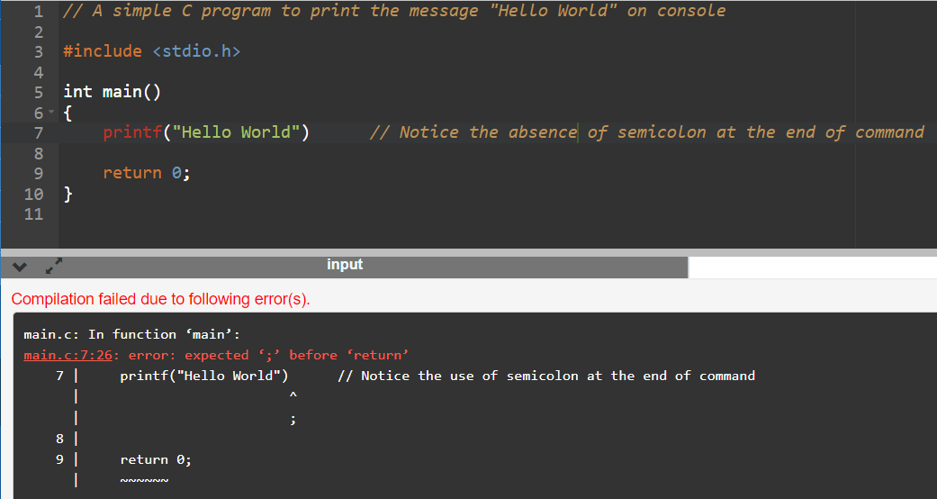 Figure 2: C Program with syntax error